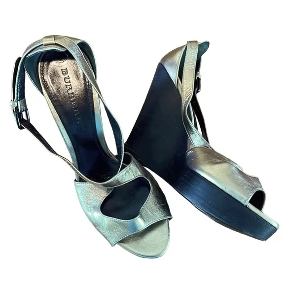 Burberry Metallic Gold Wooden Wedge Heel Leather Criss Cross Sandal - 41 10 - Picture 1 of 16